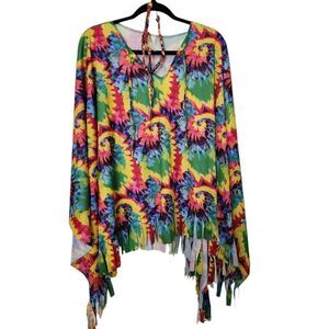 Unbranded Womens Hippie Colorful Tie-Dye Poncho w/ Matching Headband Costume OS